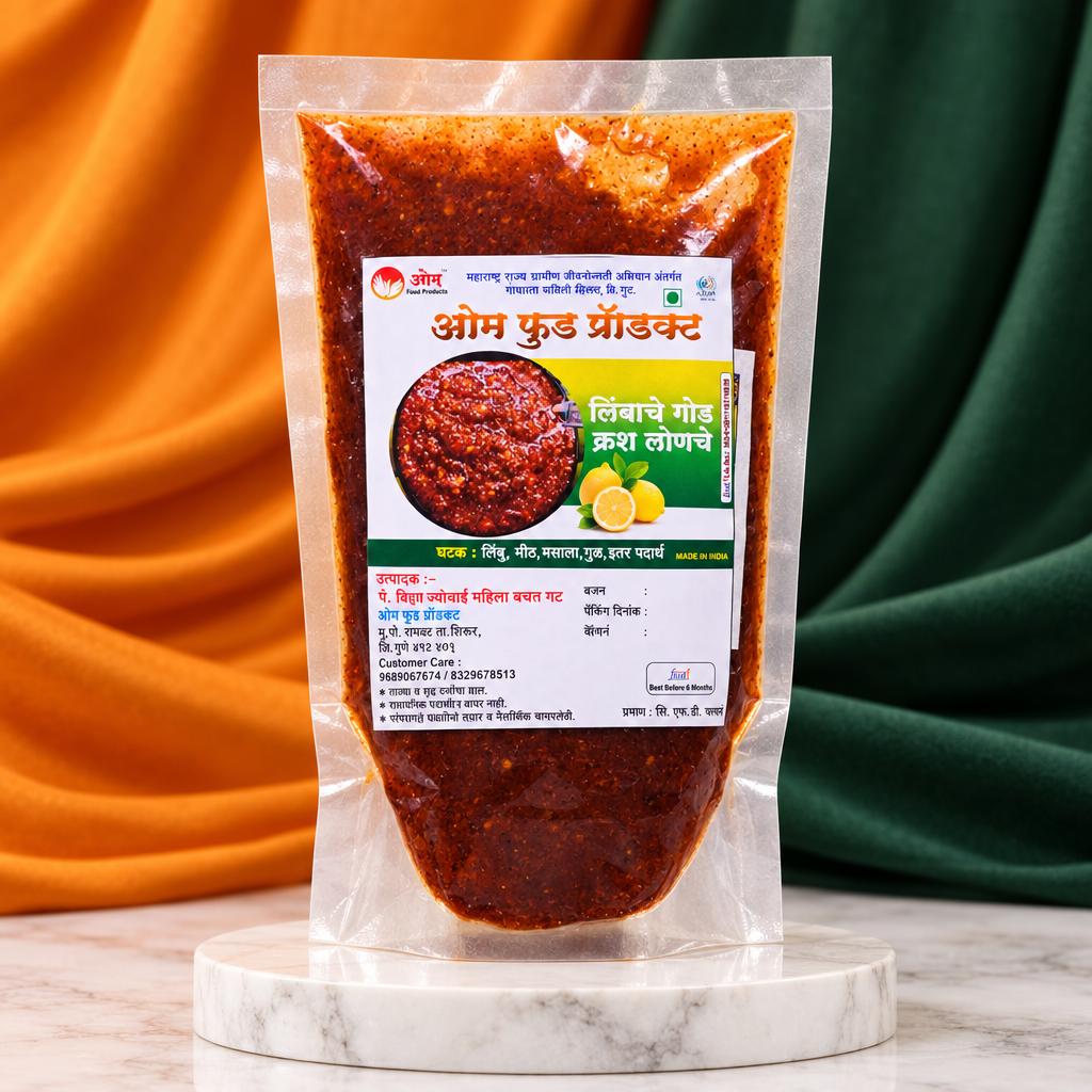 OM FOODS Lemon Crushed Pickle, Vitthal RukhamaiSHG Made By Natural Ingredients, Healthy, Pack of 250 gms