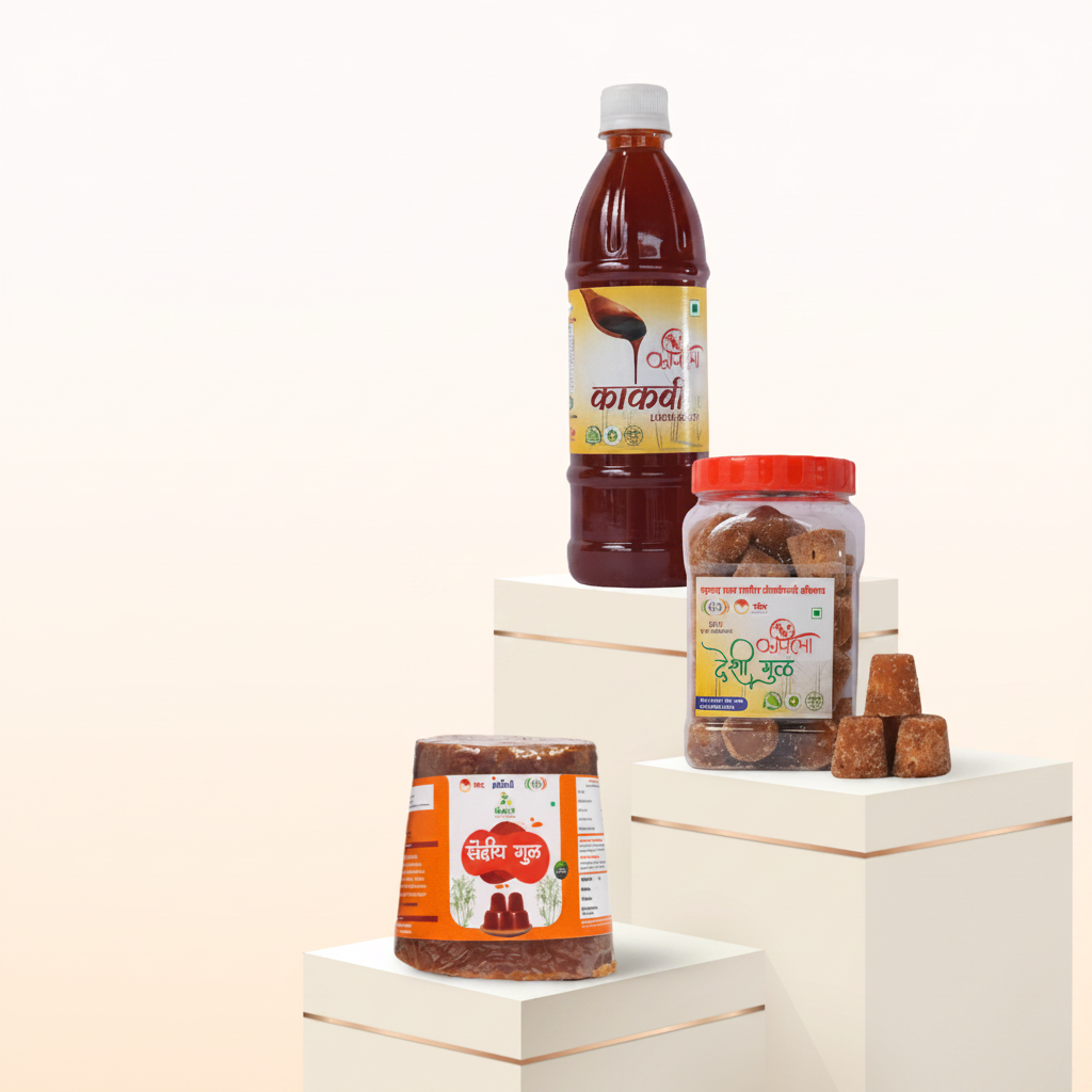 Pure Deshi Gul Combo Pack (Jaggery Cubes 450gm + Jaggery 950gm + Kakavi - Liquid Jaggery 450ml), Natural, Chemical Free - 2