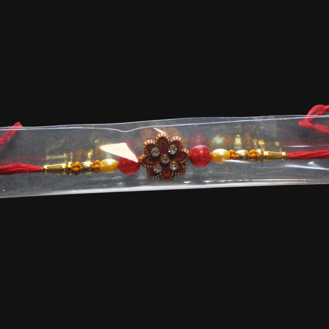 Panchashil, Handcrafted Elegant Red and Gold Flower Design Rakhi Bracelets, Local Craftsmanship, Pack Of 1