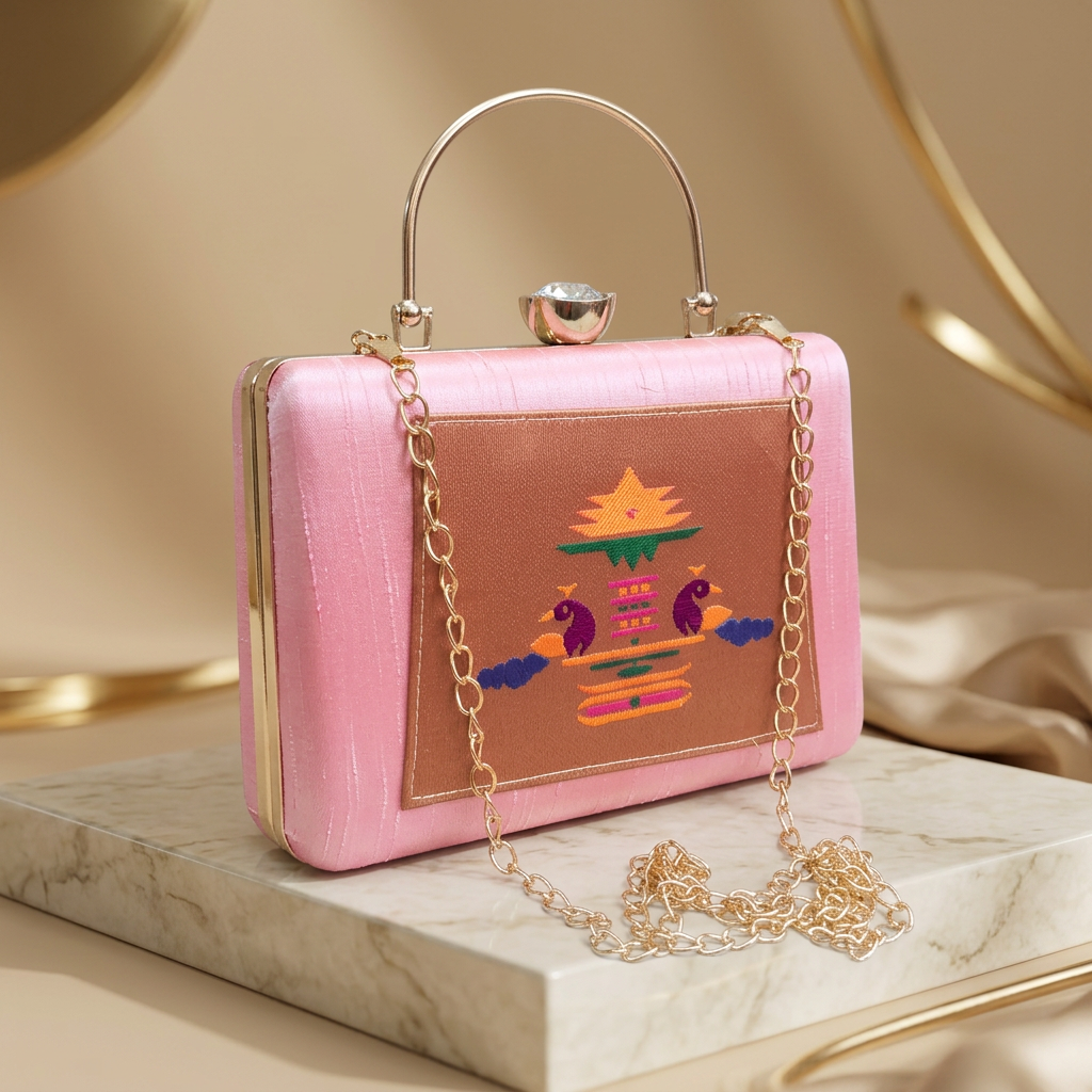 SHRISEVA Rectangular Paithani Clutch Pure Handloom Light Pink Colour Pack Of 1 Traditional Ethnic Fashion Accessory Handcrafted Designer Purse