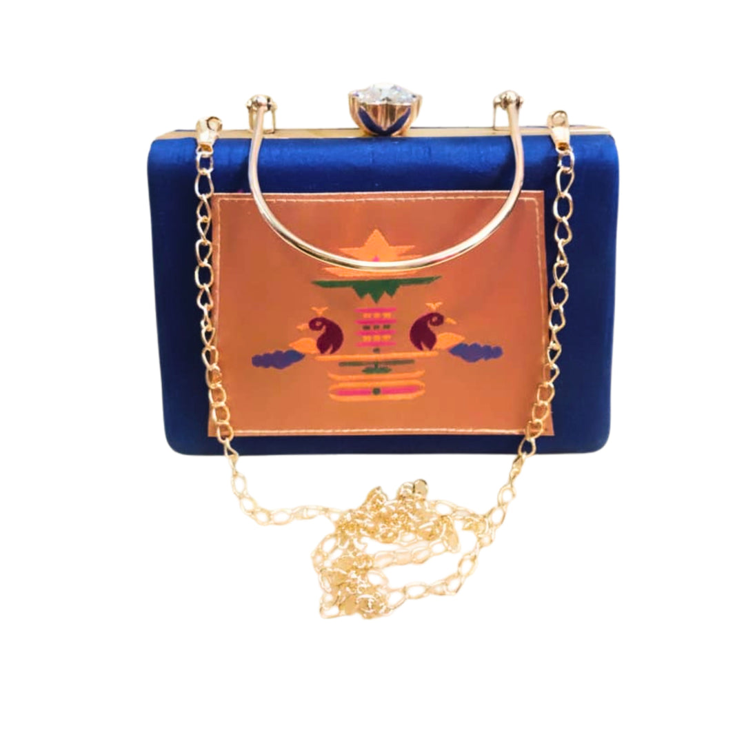 SHRISEVA Rectangular Paithani Clutch Pure Handloom Blue Colour Pack Of 1 Traditional Ethnic Fashion Accessory Handcrafted Designer Purse
