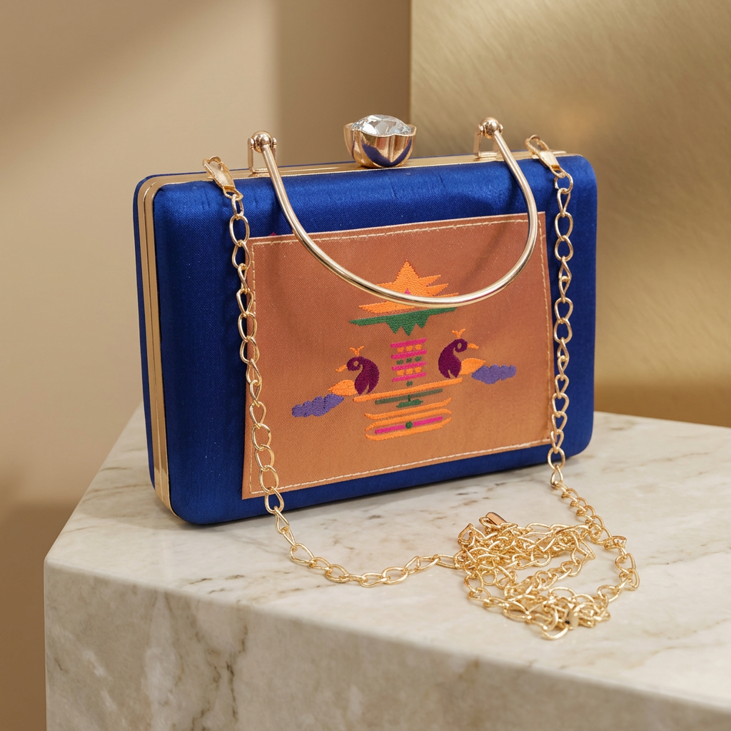 SHRISEVA Rectangular Paithani Clutch Pure Handloom Blue Colour Pack Of 1 Traditional Ethnic Fashion Accessory Handcrafted Designer Purse