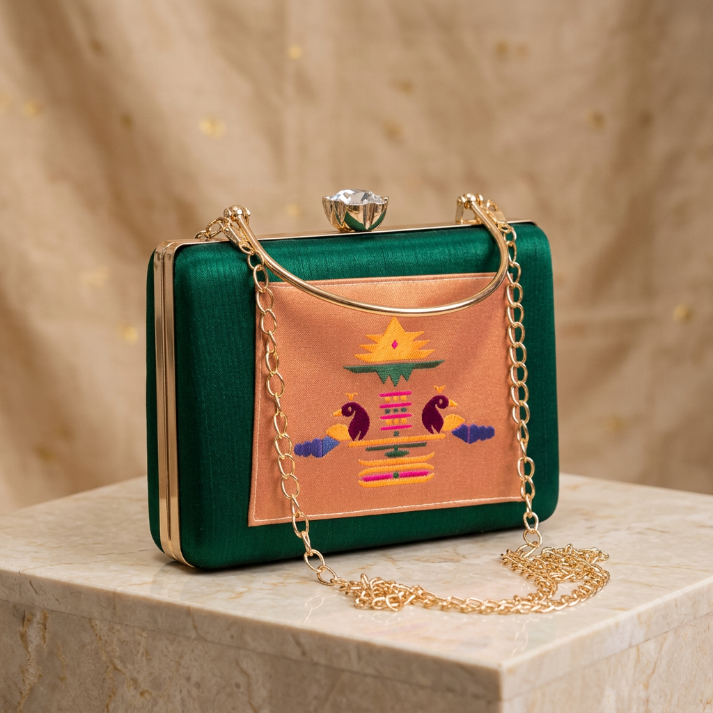 SHRISEVA Rectangular Paithani Clutch Pure Handloom Green Colour Pack Of 1 Traditional Ethnic Fashion Accessory Handcrafted Designer Purse
