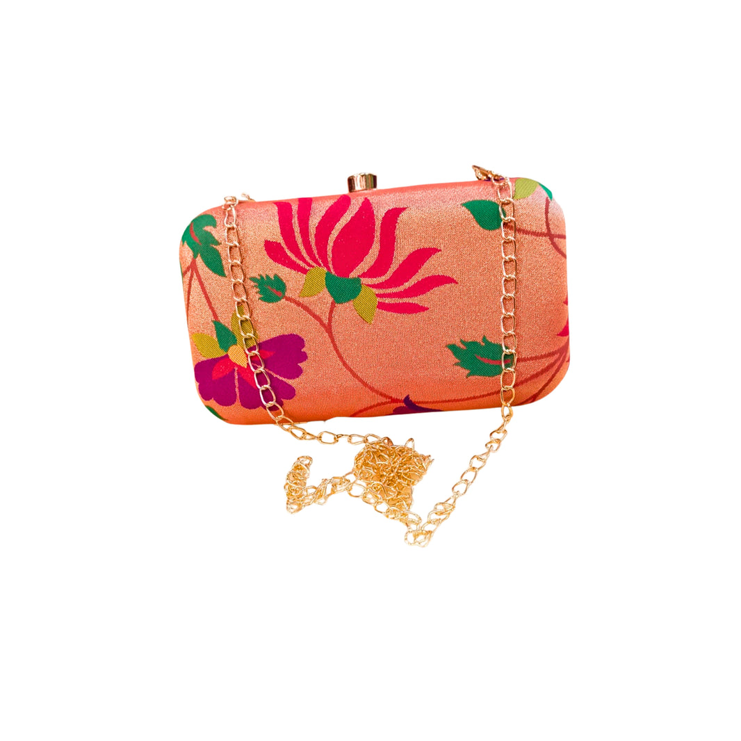SHRISEVA Square Handle Clutch With Sling Chain Lotus Design Pack Of 1 Designer Ethnic Fashion Bag Handcrafted Traditional Accessory