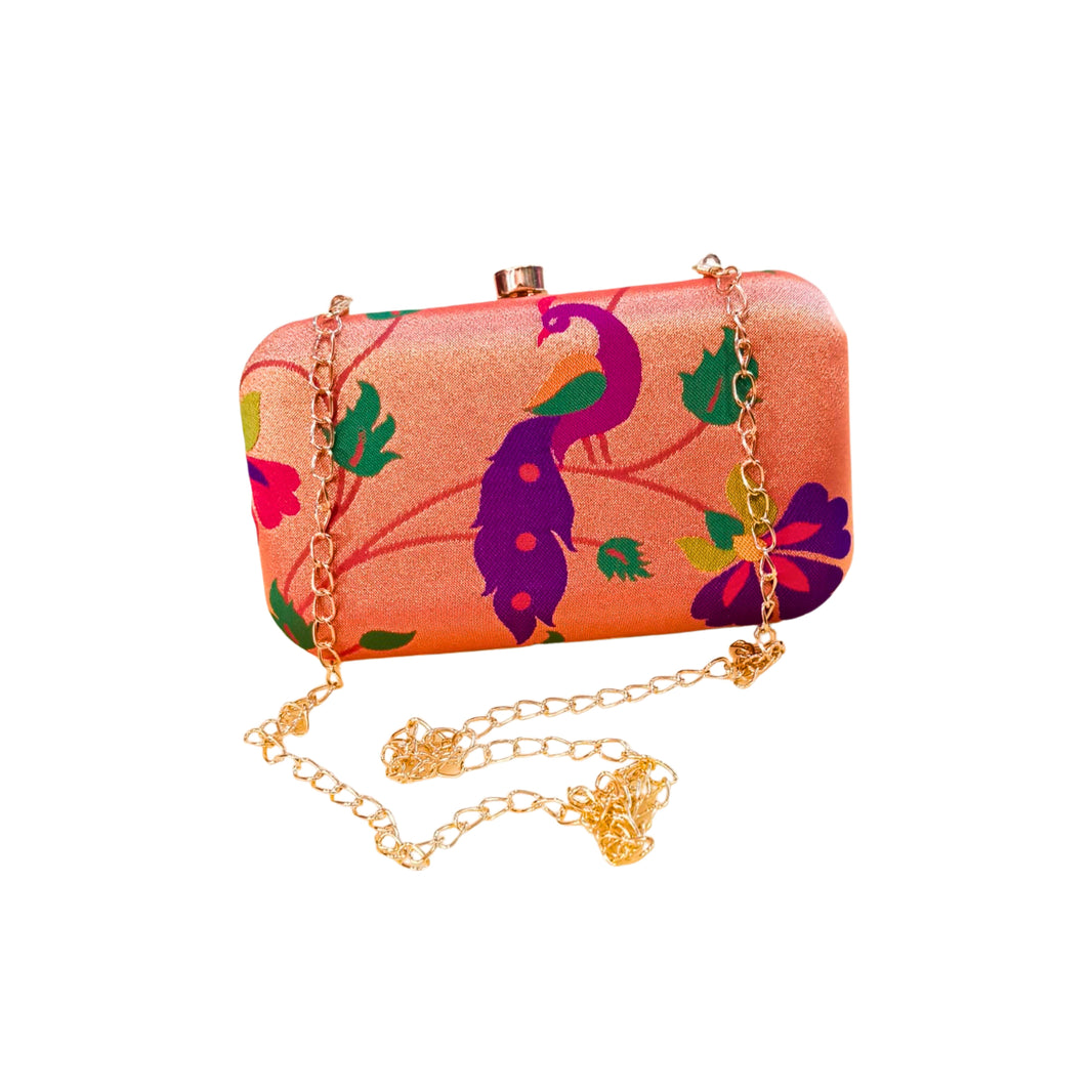 SHRISEVA Square Handle Clutch With Sling Chain Peacock Design Pack Of 1 Designer Ethnic Fashion Bag Handcrafted Traditional Accessory
