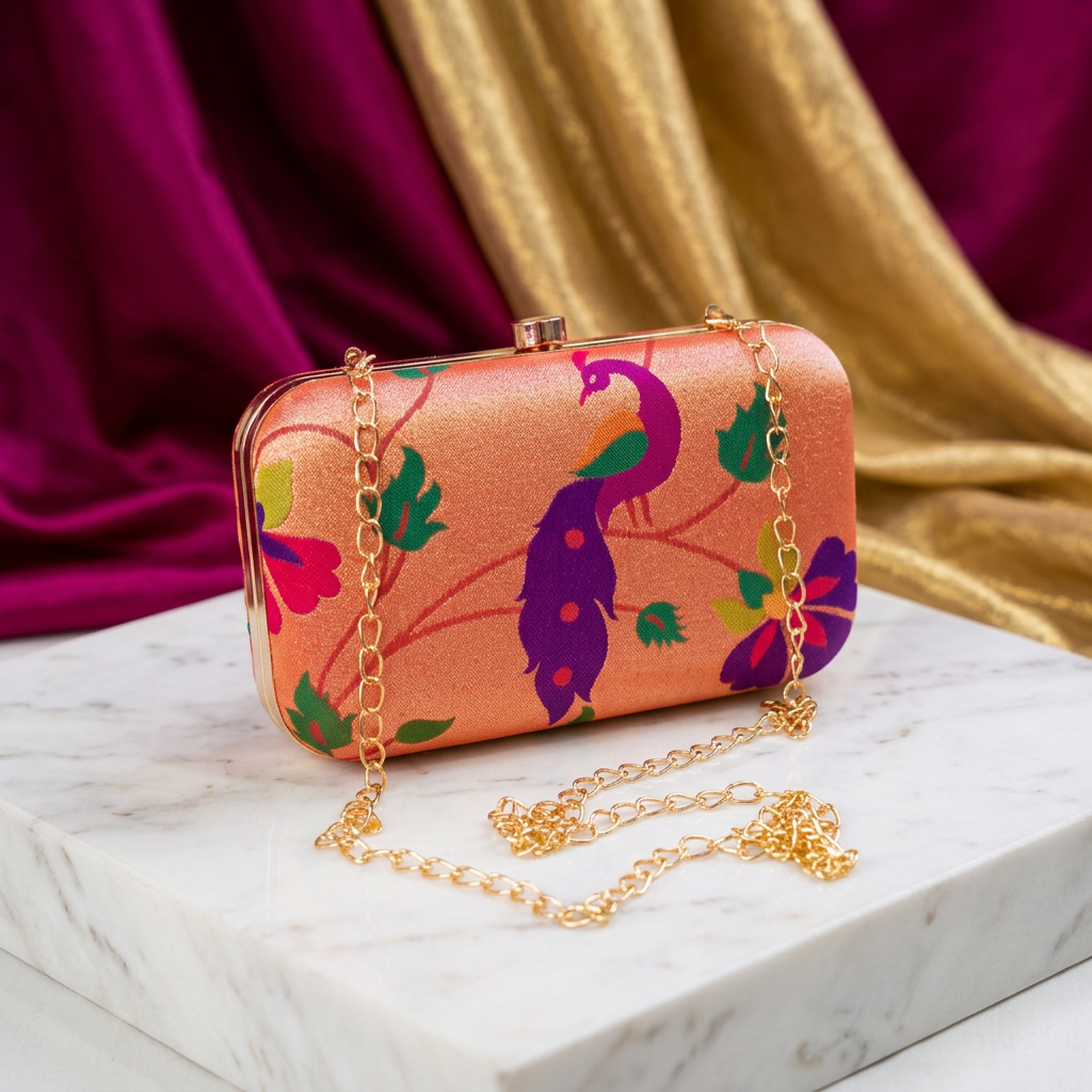 SHRISEVA Square Handle Clutch With Sling Chain Peacock Design Pack Of 1 Designer Ethnic Fashion Bag Handcrafted Traditional Accessory