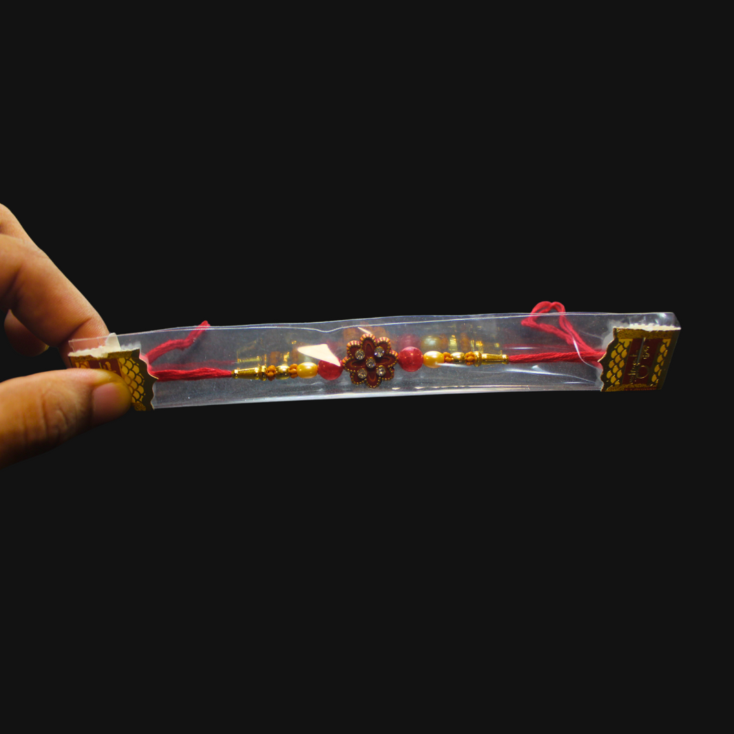 Panchashil, Handcrafted Elegant Red and Gold Flower Design Rakhi Bracelets, Local Craftsmanship, Pack Of 1
