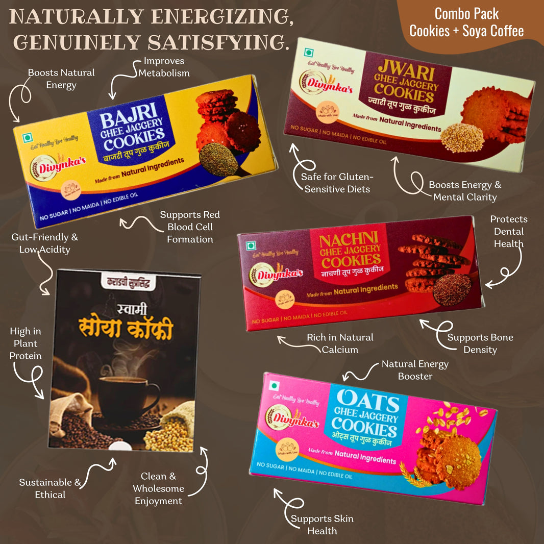 DIVYNKA & SWAMY Healthy Combo Pack of 5 , SWAMI Soy Coffee & Bajri, Jawari, Nachani, Oats Cookies , Natural Ingredients, Empower Rural Women – UmedMart