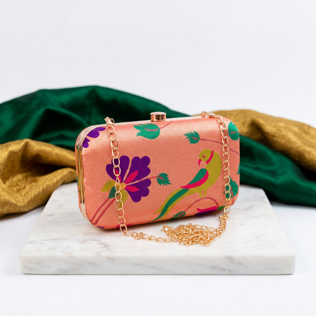 SHRISEVA Square Handle Clutch With Sling Chain Parrot Design Pack Of 1 Designer Ethnic Fashion Bag Handcrafted Traditional Accessory