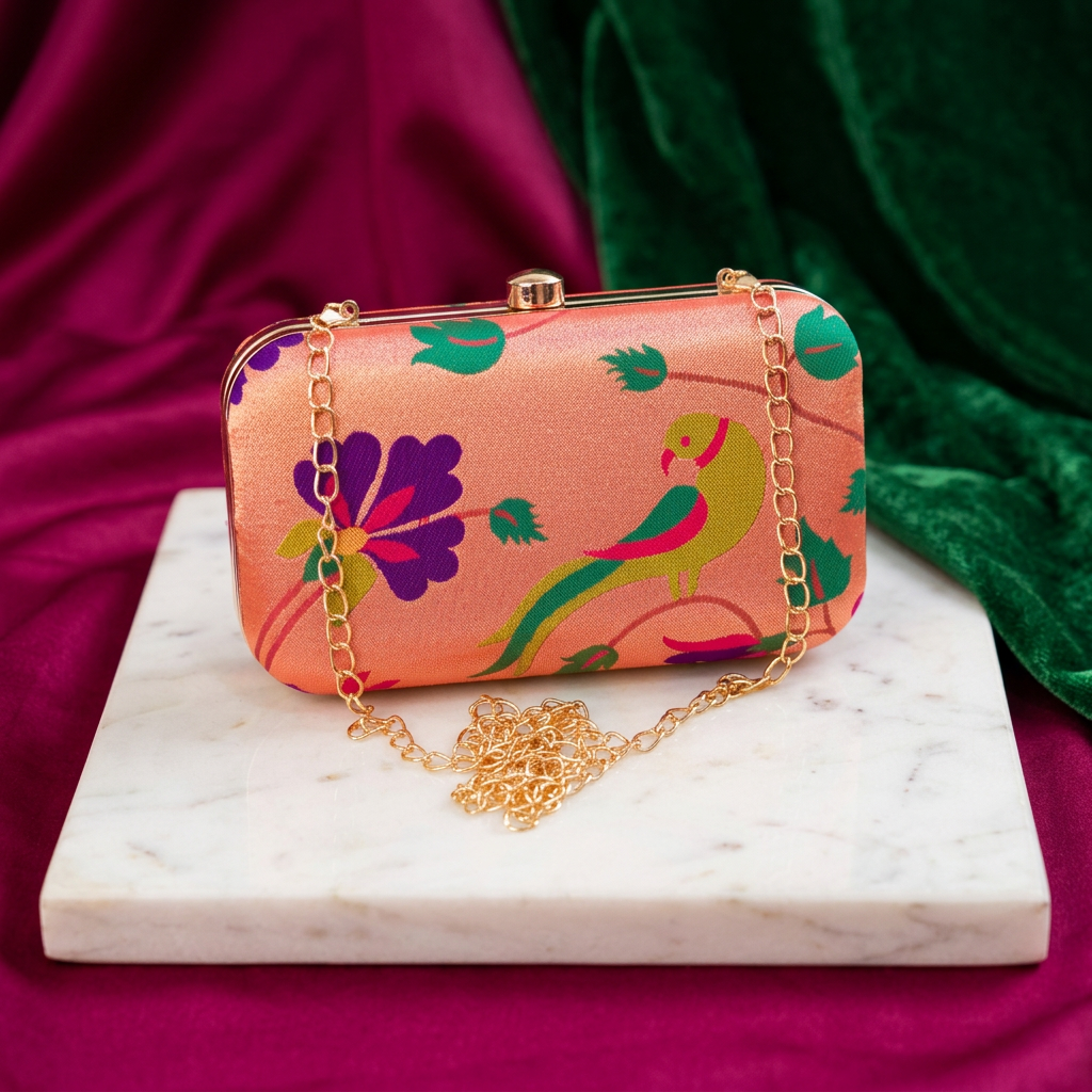 SHRISEVA Square Handle Clutch With Sling Chain Parrot Design Pack Of 1 Designer Ethnic Fashion Bag Handcrafted Traditional Accessory