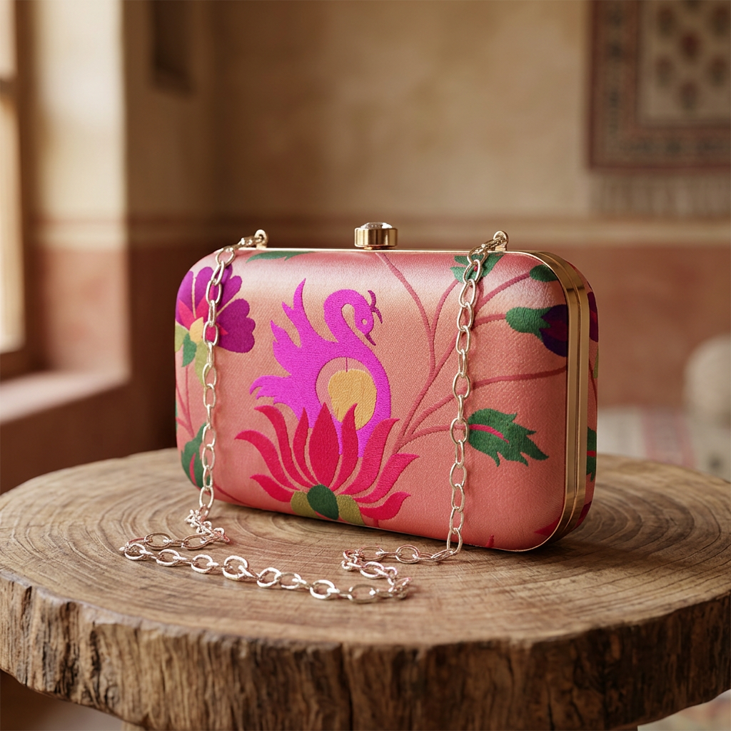 SHRISEVA Square Handle Clutch With Sling Chain Swan Design Pack Of 1 Designer Ethnic Fashion Bag Handcrafted Traditional Accessory