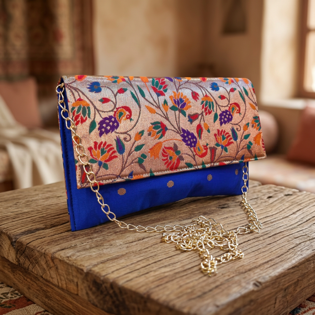 SHRISEVA Paithani Sling Bag Blue Colour Rectangular Thin Pack Of 1 Handcrafted Traditional Ethnic Fashion Utility Bag
