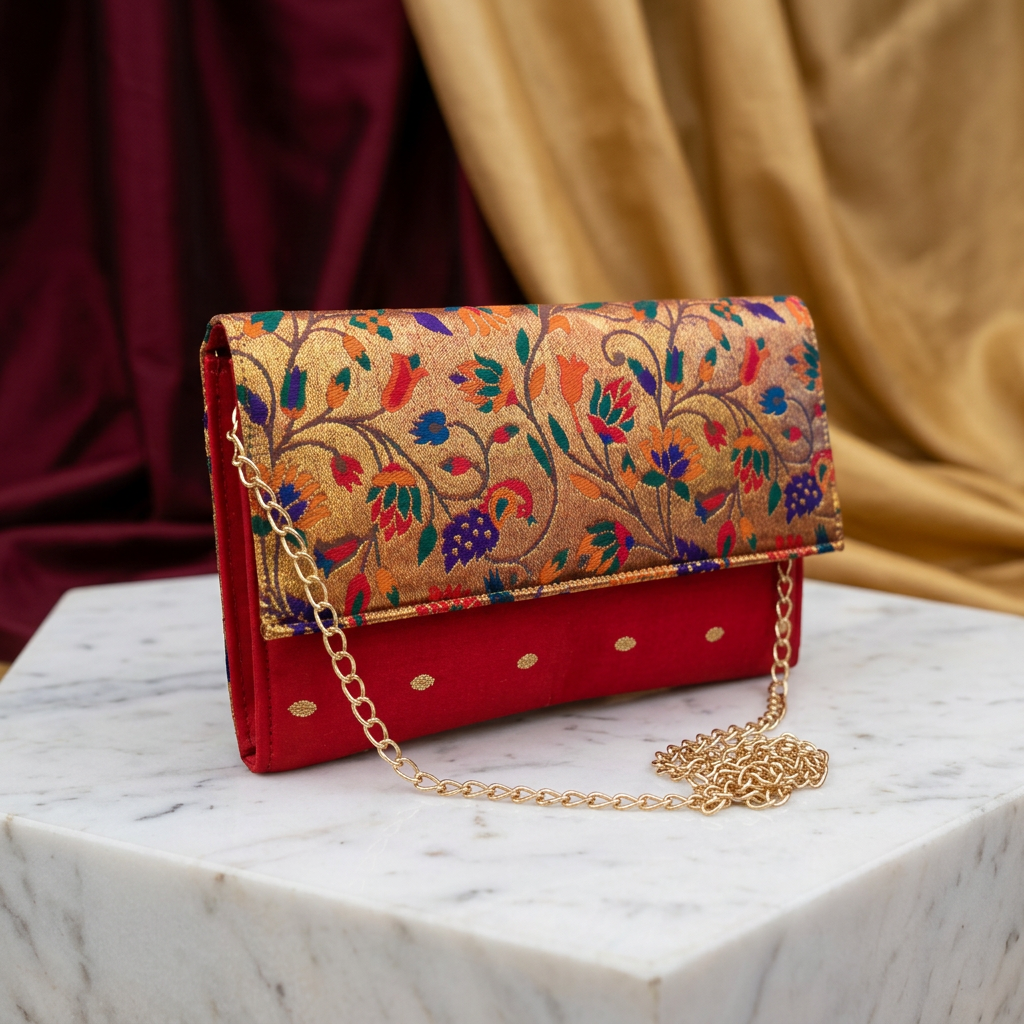 SHRISEVA Paithani Sling Bag Red Colour Rectangular Thin Pack Of 1 Handcrafted Traditional Ethnic Fashion Utility Bag
