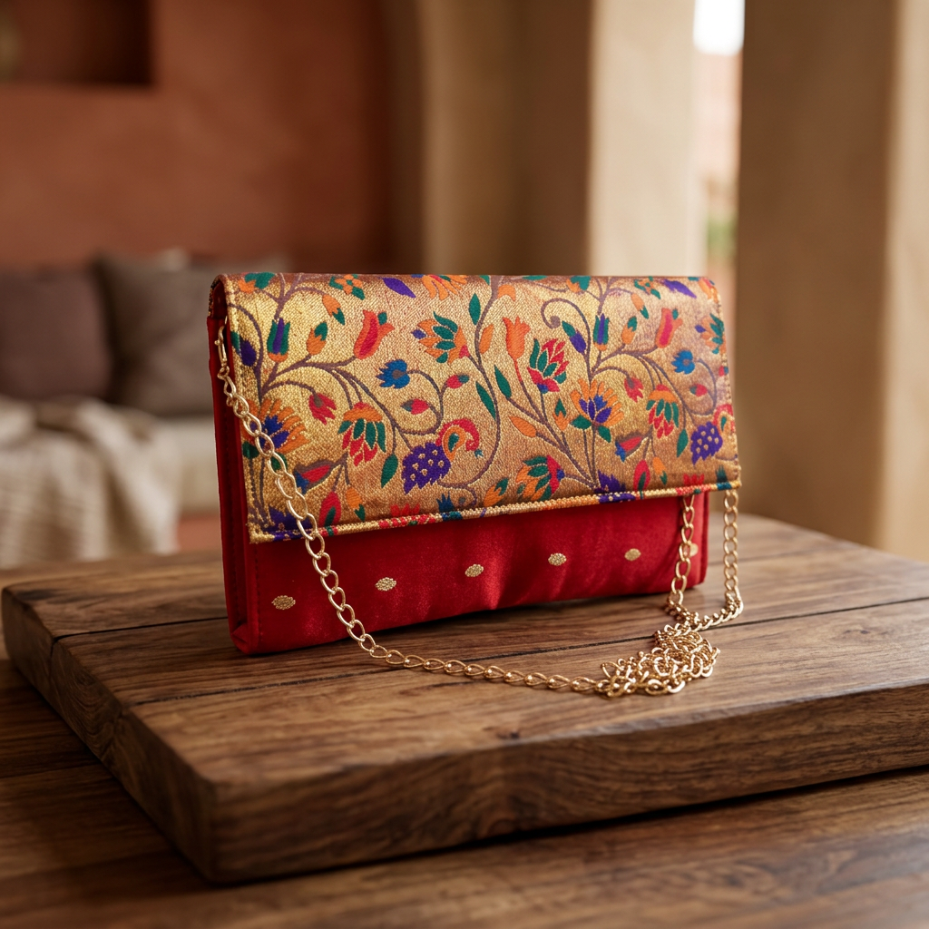 SHRISEVA Paithani Sling Bag Red Colour Rectangular Thin Pack Of 1 Handcrafted Traditional Ethnic Fashion Utility Bag