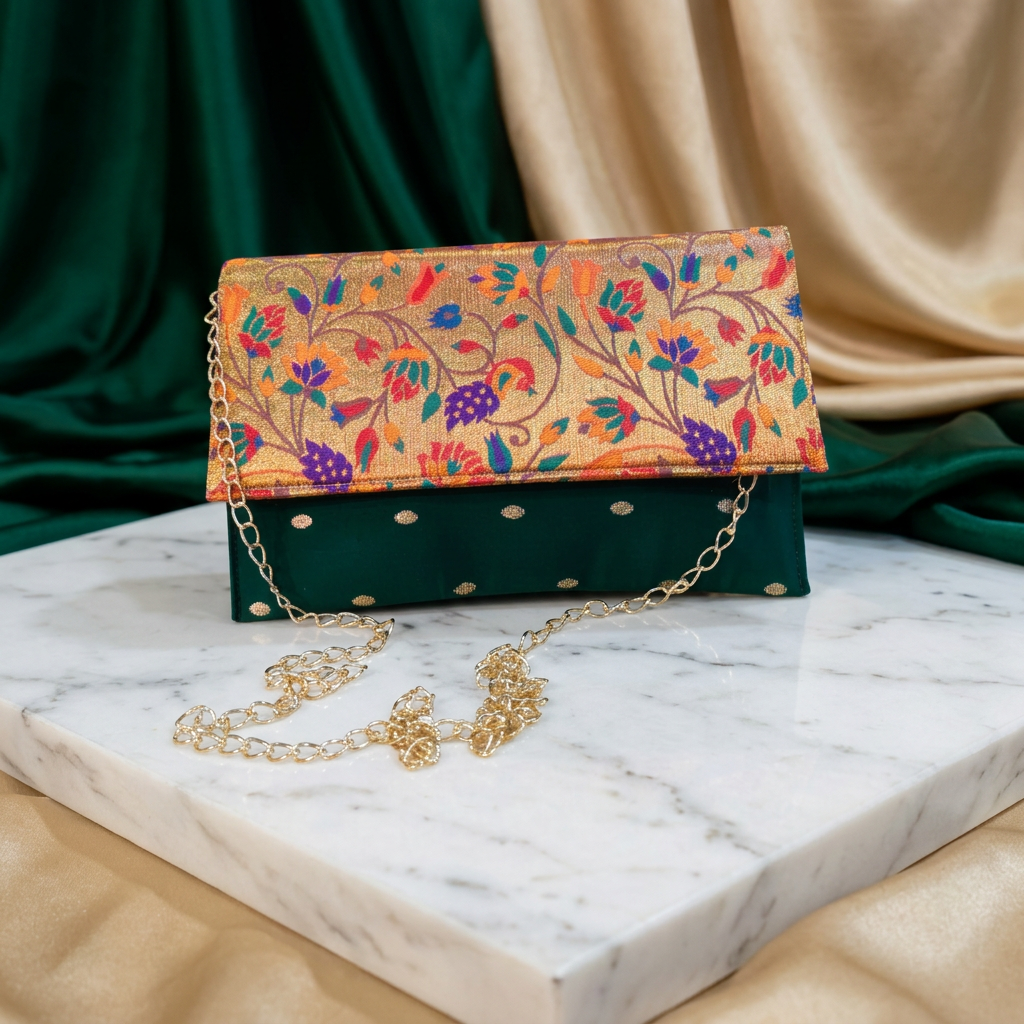 SHRISEVA Paithani Sling Bag Green Colour Rectangular Thin Pack Of 1 Handcrafted Traditional Ethnic Fashion Utility Bag