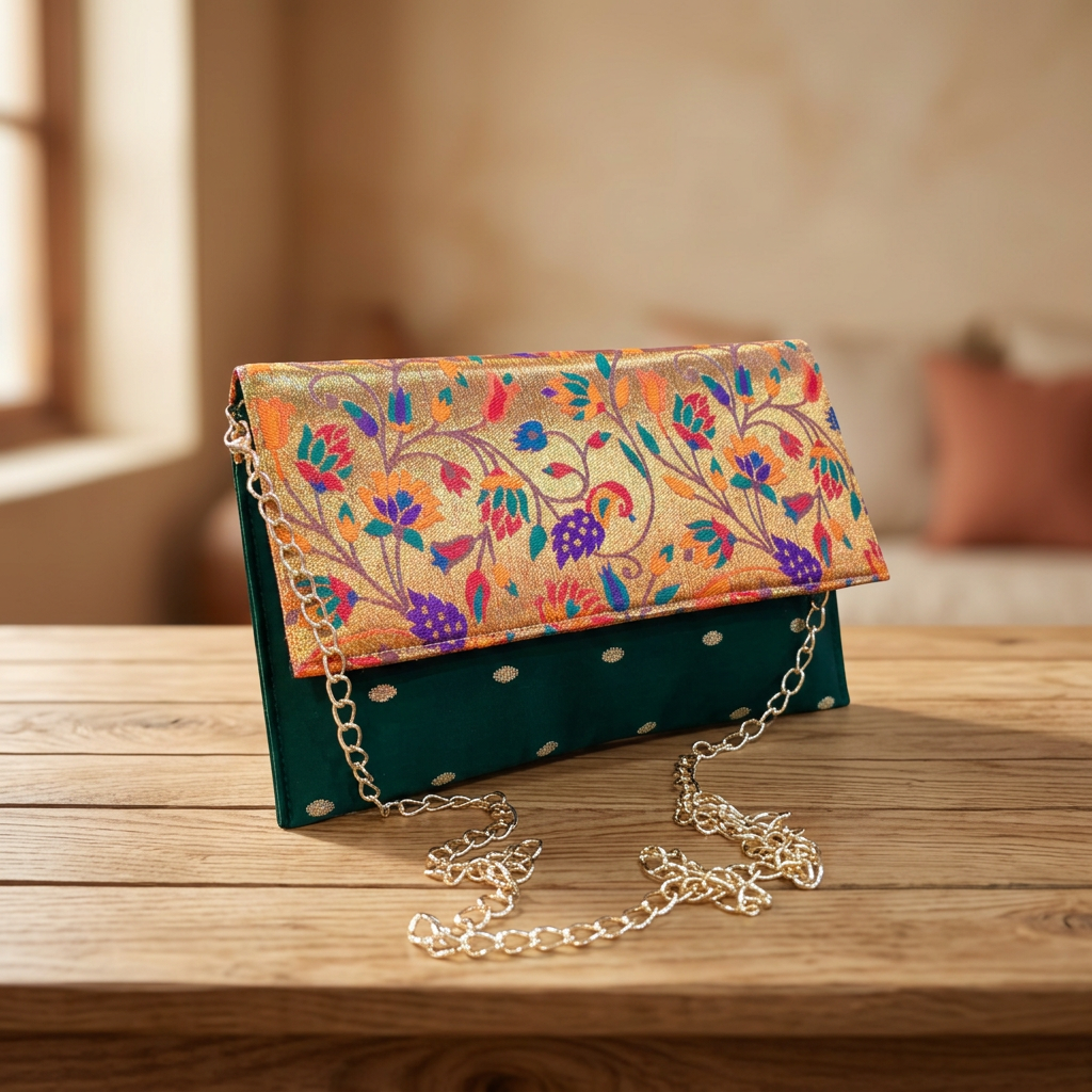 SHRISEVA Paithani Sling Bag Green Colour Rectangular Thin Pack Of 1 Handcrafted Traditional Ethnic Fashion Utility Bag