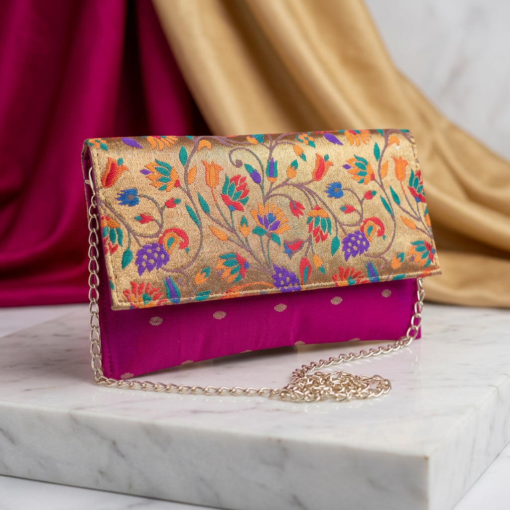 SHRISEVA Paithani Sling Bag Pink Colour Rectangular Thin Pack Of 1 Handcrafted Traditional Ethnic Fashion Utility Bag