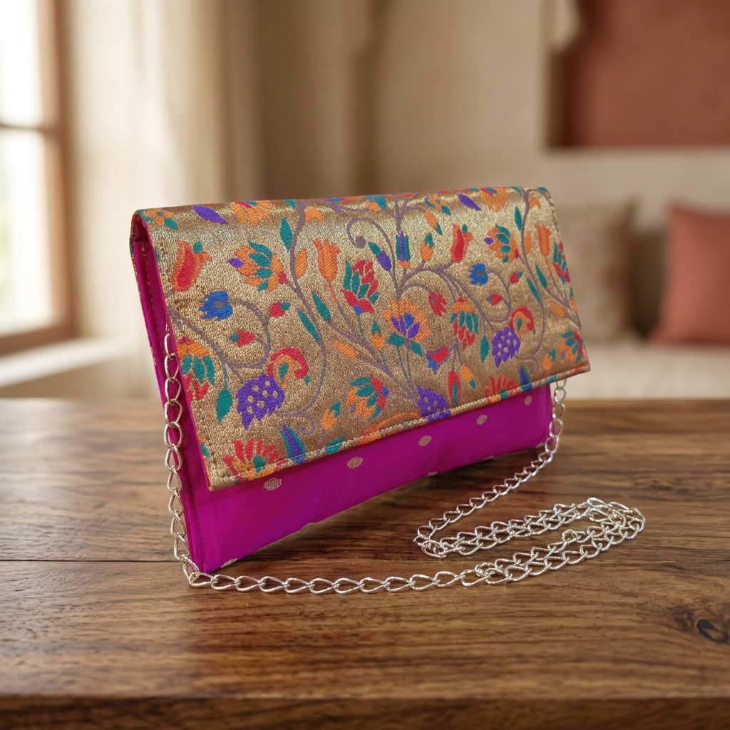 SHRISEVA Paithani Sling Bag Pink Colour Rectangular Thin Pack Of 1 Handcrafted Traditional Ethnic Fashion Utility Bag