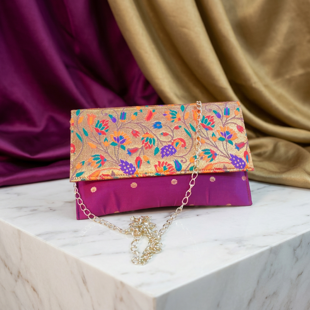 SHRISEVA Paithani Sling Bag Dark Pink Colour Rectangular Thin Pack Of 1 Handcrafted Traditional Ethnic Fashion Utility Bag