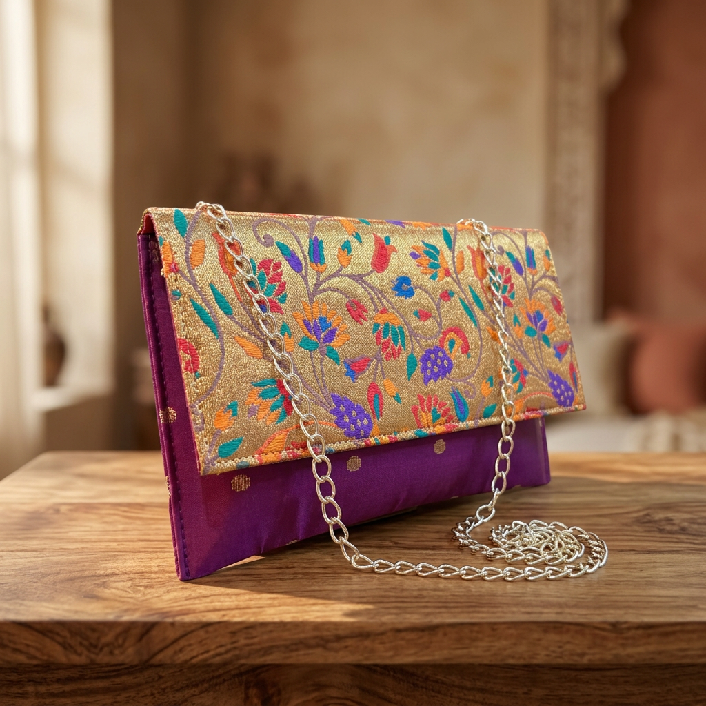 SHRISEVA Paithani Sling Bag Dark Pink Colour Rectangular Thin Pack Of 1 Handcrafted Traditional Ethnic Fashion Utility Bag