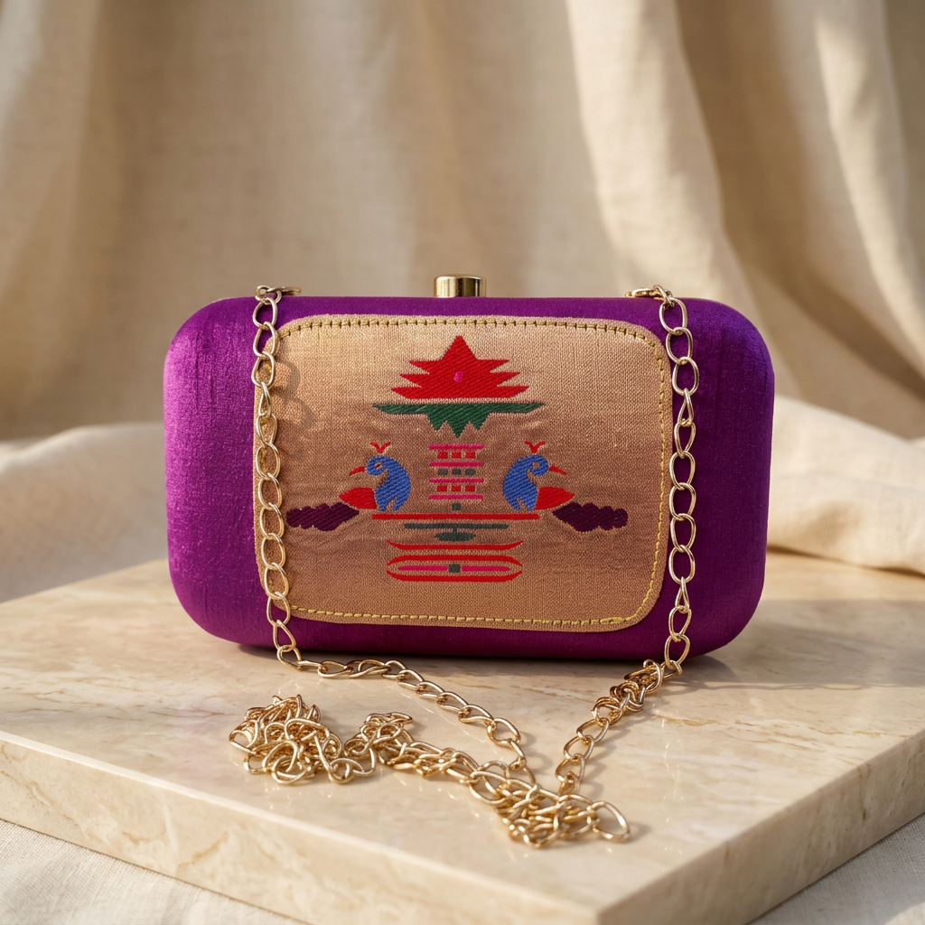 SHRISEVA Pyramid Paithani Clutch Pink Colour Pack Of 1 Handcrafted Traditional Ethnic Fashion Accessory