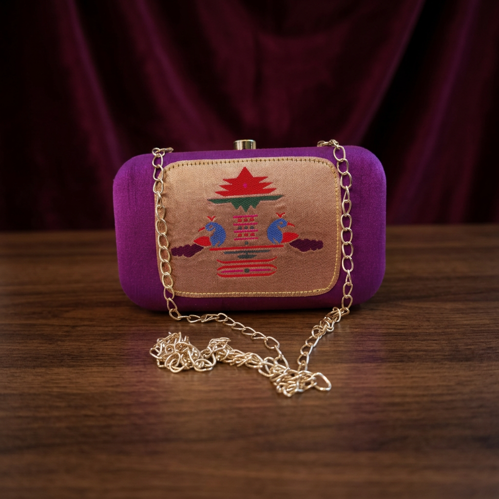 SHRISEVA Pyramid Paithani Clutch Pink Colour Pack Of 1 Handcrafted Traditional Ethnic Fashion Accessory