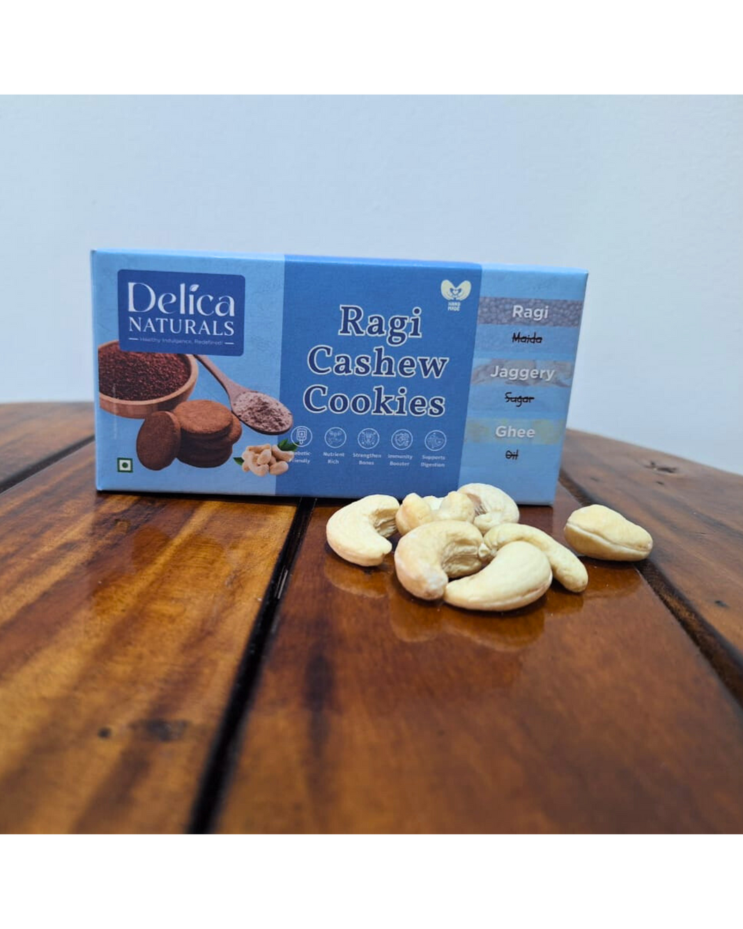 DELICA NATURALS Ragi (Nachani) Cashew Nut Cookies, Stri Shakti SHG, Made by Jaggery & Ghee, No Maida, No Sugar, Pack of 100 gm