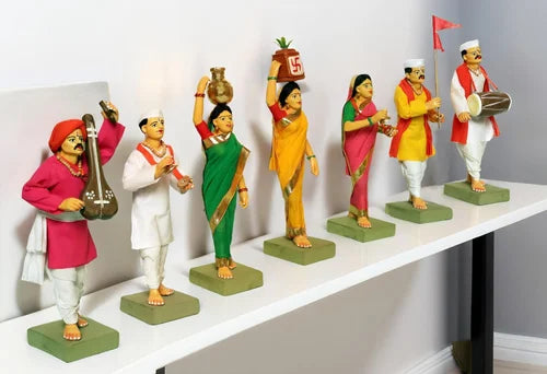 Pragati, Warkari set, 7 idol clay statue, made by Natural Soil, Local Craftsmanship, pack of 7 units