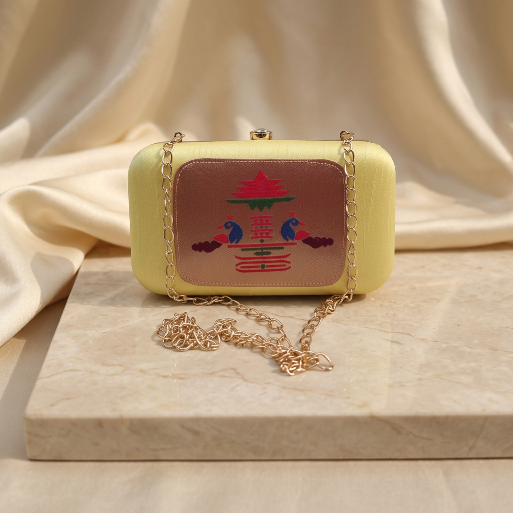 SHRISEVA Pyramid Paithani Clutch Light Yellow Colour Pack Of 1 Handcrafted Traditional Ethnic Fashion Accessory