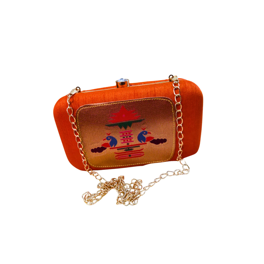 SHRISEVA Pyramid Paithani Clutch Orange Colour Pack Of 1 Handcrafted Traditional Ethnic Fashion Accessory
