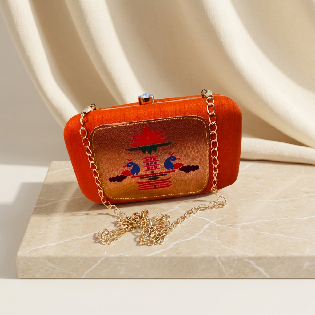 SHRISEVA Pyramid Paithani Clutch Orange Colour Pack Of 1 Handcrafted Traditional Ethnic Fashion Accessory