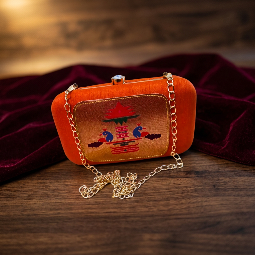 SHRISEVA Pyramid Paithani Clutch Orange Colour Pack Of 1 Handcrafted Traditional Ethnic Fashion Accessory