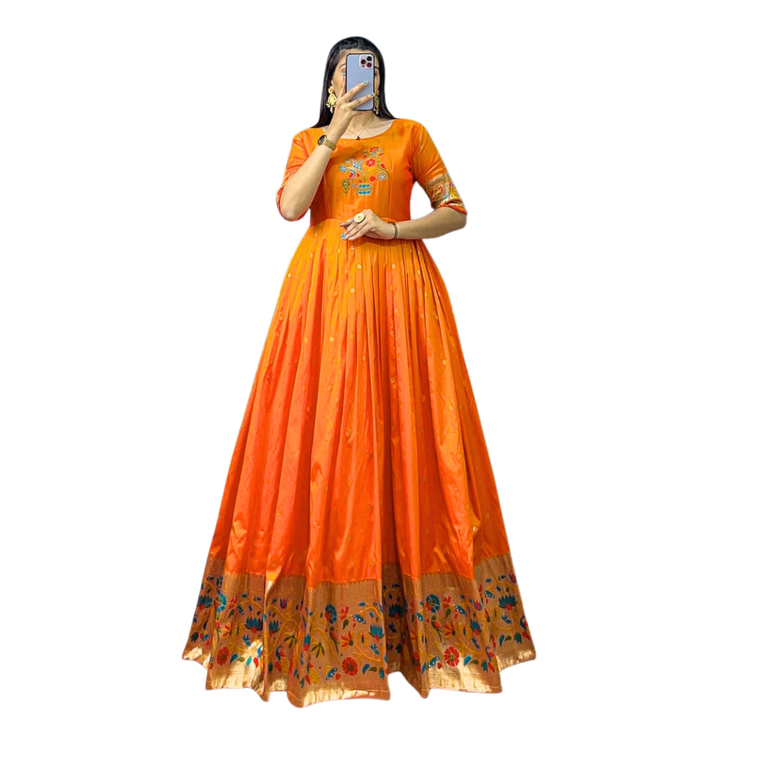 SHRISEVA Full One Piece Paithani Gown Orange Colour Free Size Pack Of 1 Traditional Ethnic Festive Wear
