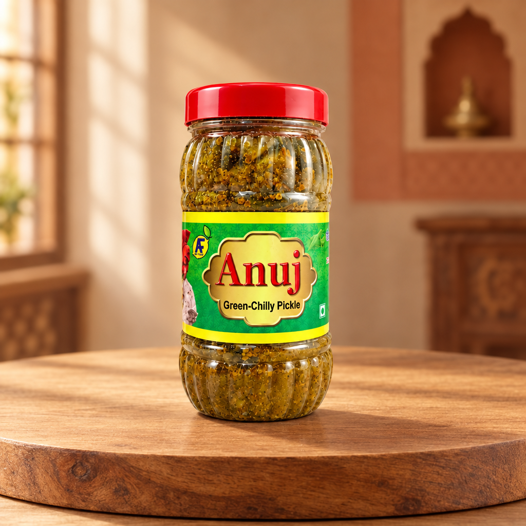 ANUJ FOODS  Green Chilly Pickle, Made By Natural Ingredients, No Artificial Flavours, Pack of 200 gms