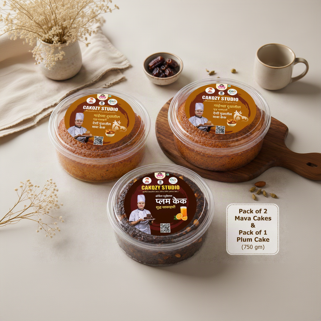 CAKOZY STUDIO Cow Milk Mava Cake and Plum Cake Combo Traditional Indian Bakery Dessert Pack Of 1 Total 750 gm For Sharing Celebrations Gifting