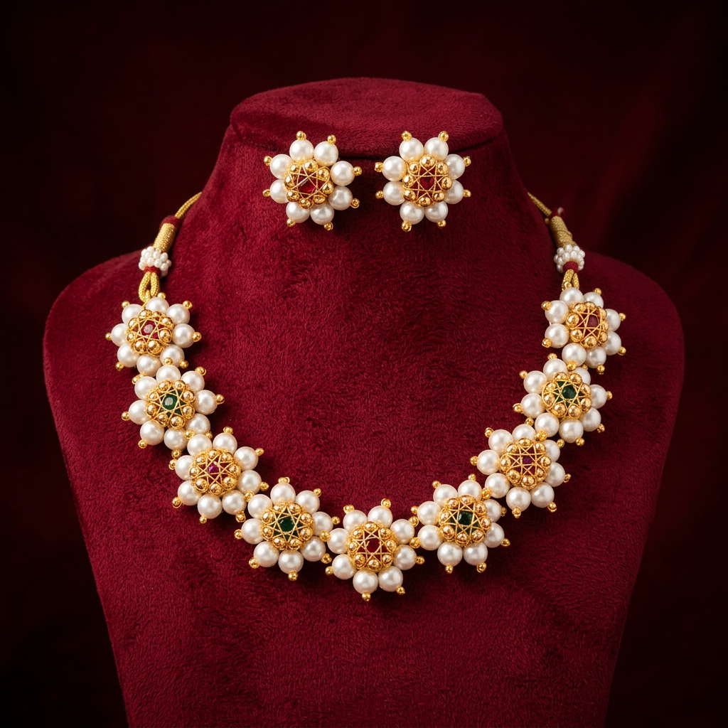 MARATHMOLA SAJ Fulwanti Chandrakor choker Pack Of 1 Set Traditional Handcrafted Maharashtrian Choker Necklace Matching Earrings Pearl Red Green Stone Ethnic Bridal Jewellery Collection