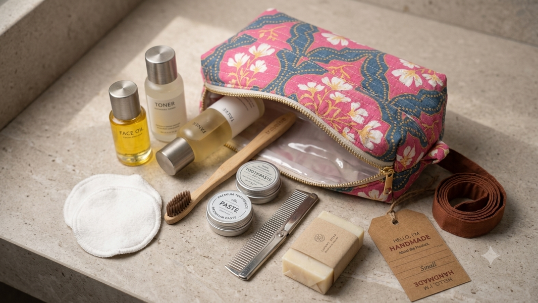 MAHALAXMI Cotton Travel Toiletry Pouch Medium Pack Of 1 Item Handcrafted Cotton Organizer Durable Reusable Cosmetic Travel Storage Everyday Utility Accessory