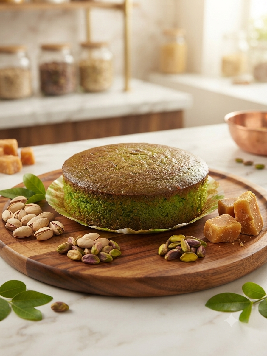 CAKOZY STUDIO Natural Jaggery Pista Cake Traditional Indian Bakery Dessert With Pistachio Flavour 250 gm Pack Of 1 Handcrafted Sweet Delicacy For Celebrations