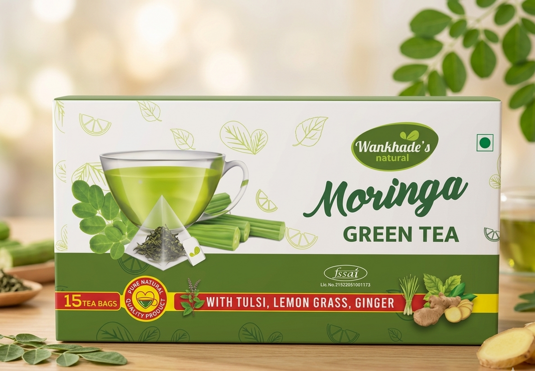 WANKHADE Moringa Deep Green Tea Herbal Infused Tea Bags With Tulsi Lemongrass Ginger Refreshing Natural Wellness Beverage Pack Of 45g