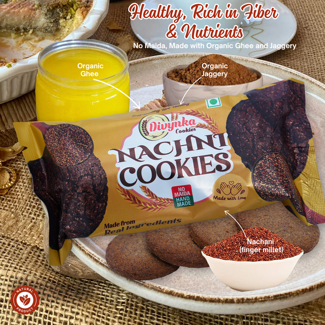 DIVYNKA Hand-made Nachani Cookies, Made by Organic Jaggery, No Maida, No Artificial colour, Pack of 100 gm