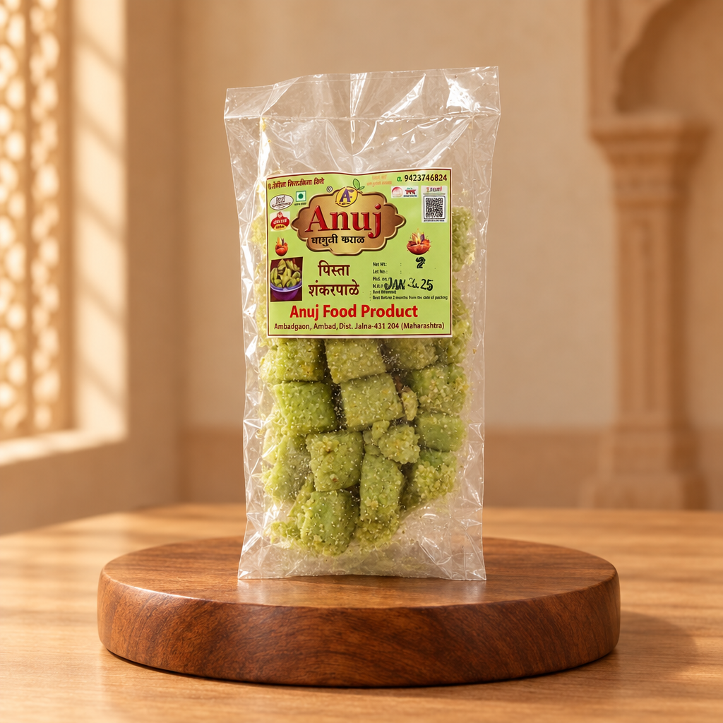 ANUJ Pista Shankarpale Pack Of 100gm Pistachio Flavoured Sweet Snack Crispy Traditional Maharashtrian Treat