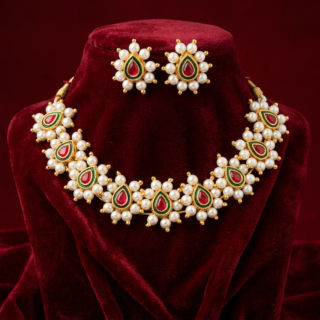 MARATHMOLA SAJ Kundanika Thushi Set Pack Of 1 Set Traditional Handcrafted Maharashtrian Thushi Necklace Elegant Ethnic Bridal Jewellery Heritage Artisan Craft Collection