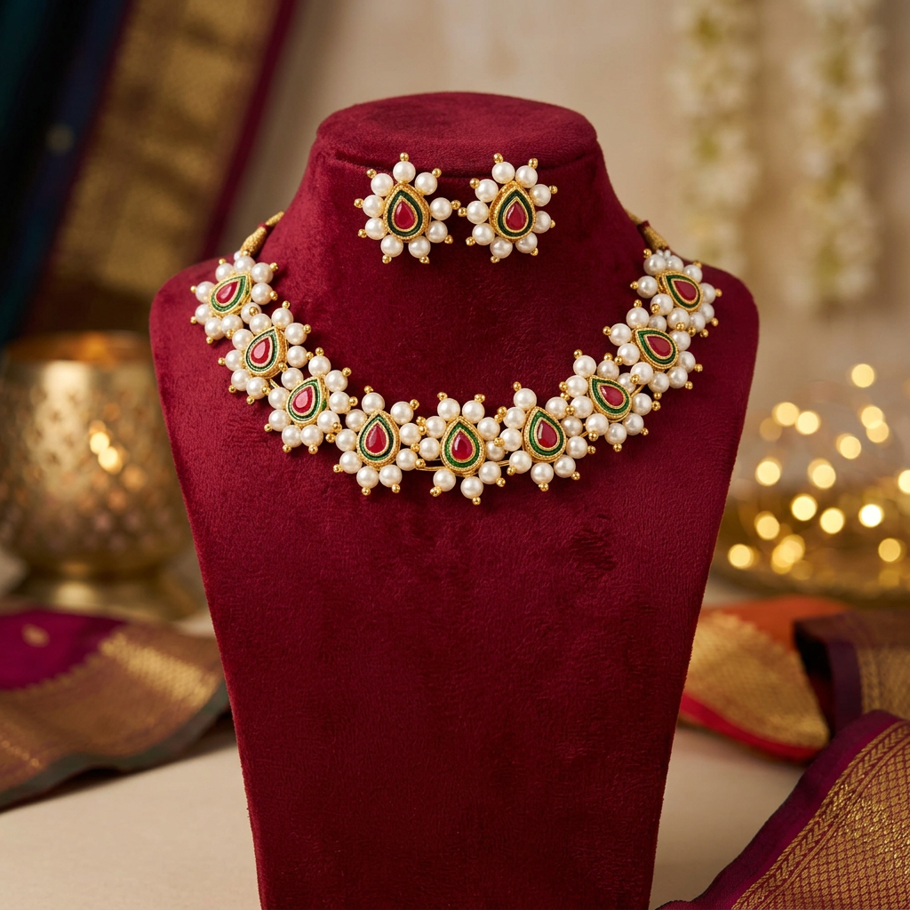 MARATHMOLA SAJ Kundanika Thushi Set Pack Of 1 Set Traditional Handcrafted Maharashtrian Thushi Necklace Elegant Ethnic Bridal Jewellery Heritage Artisan Craft Collection