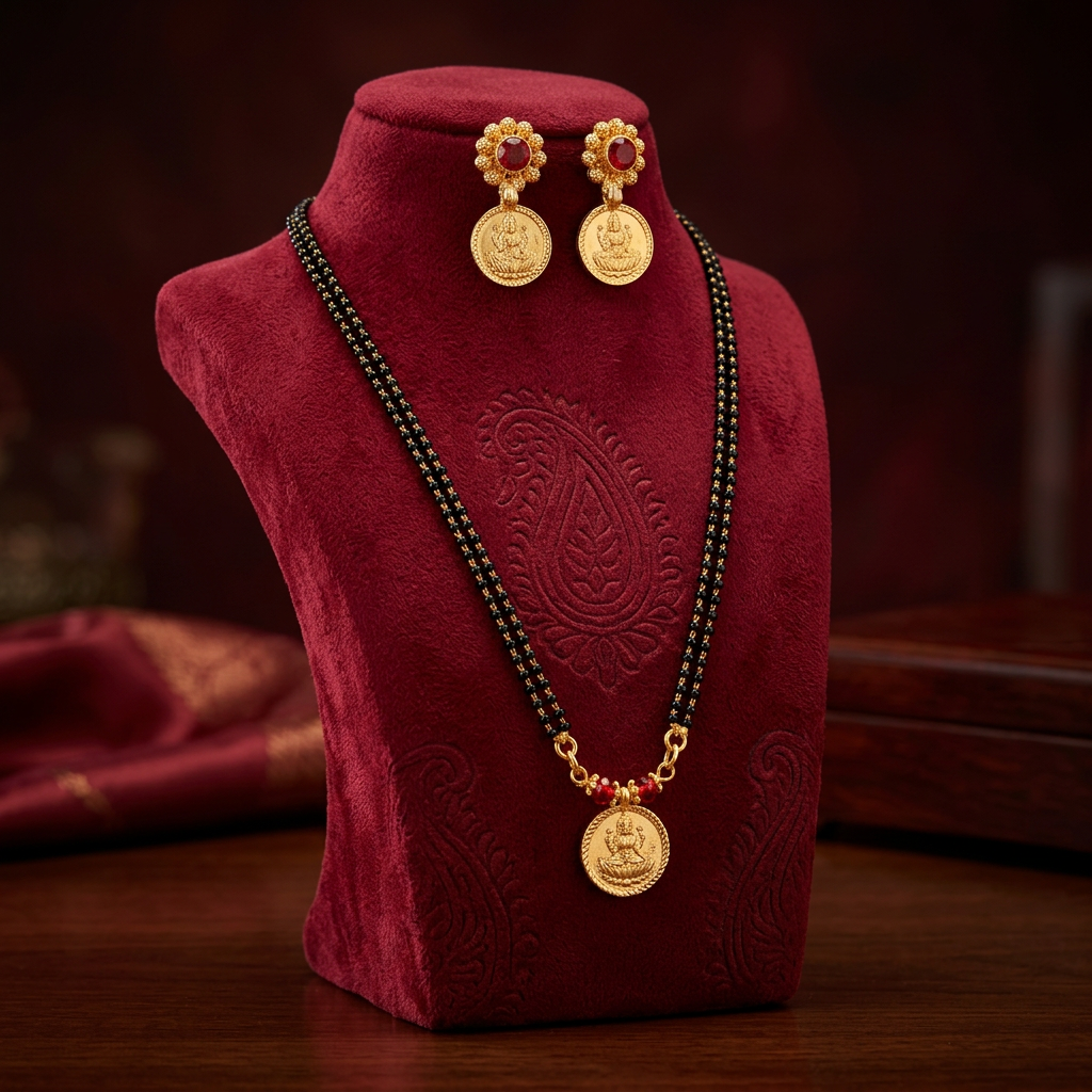 MARATHMOLA SAJ Short Single Lakshmi Coin Set Pack Of 1 Set Traditional Handcrafted Maharashtrian Mangalsutra Necklace Matching Earrings 18 Inch Ethnic Jewellery Collection