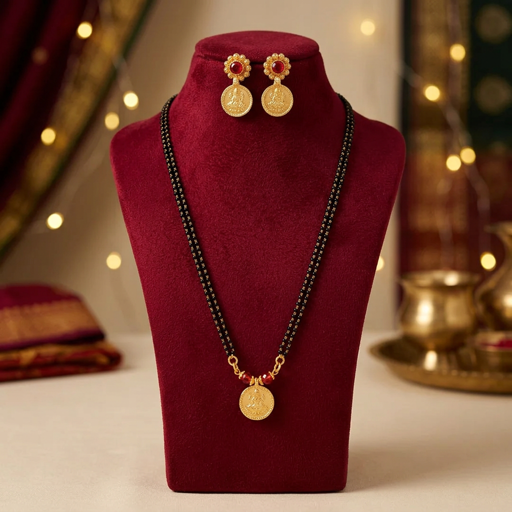 MARATHMOLA SAJ Short Single Lakshmi Coin Set Pack Of 1 Set Traditional Handcrafted Maharashtrian Mangalsutra Necklace Matching Earrings 18 Inch Ethnic Jewellery Collection