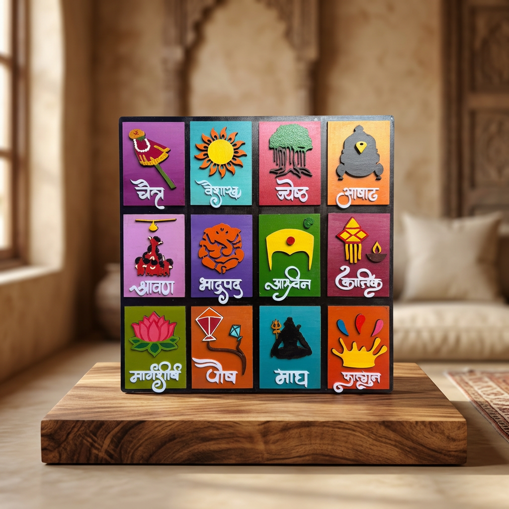 KALAWART CREATION Marathi Calendar 12 × 12 Inch All MDF Handcrafted Traditional Marathi-Inspired Wall Calendar Home Office Shop Décor Gift Pack Of 1