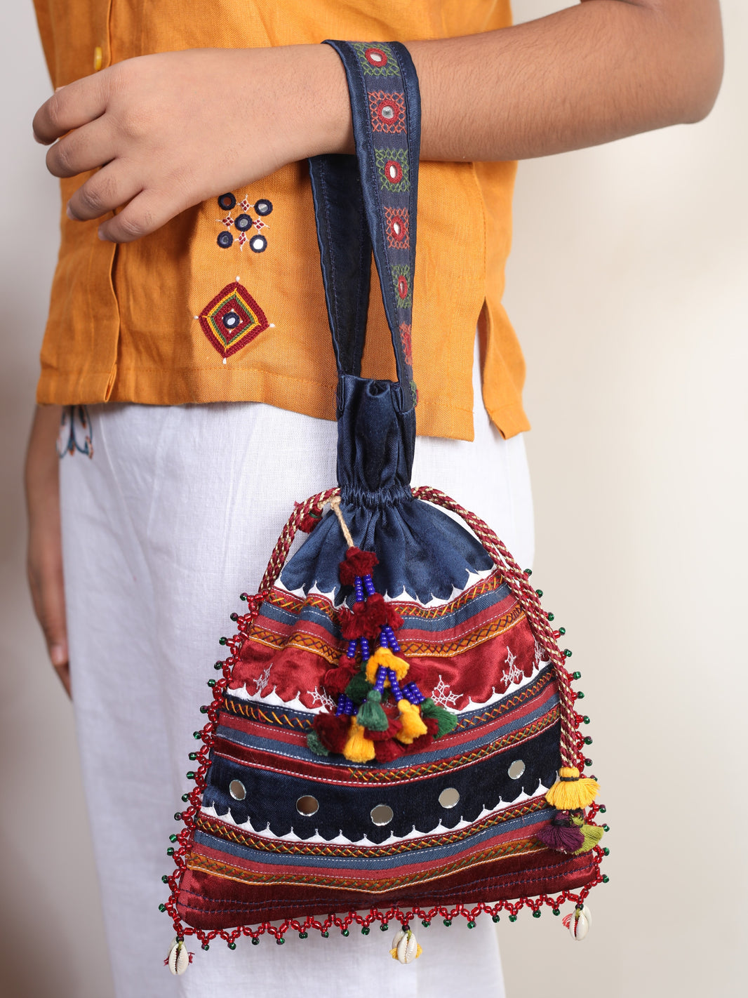 PENO Mashroo Potli Bag 0 Pack Of 1 Item Handcrafted Banjara Style Traditional Mashroo Fabric Colourful Artisan Detailing Festive Wedding Gifting Bag Beed