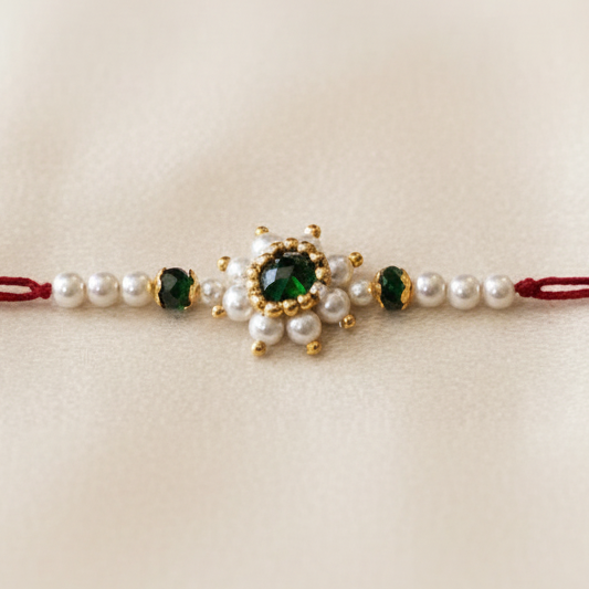SN Mogra Kudi Green Pearl Rakhi Pack Of 1 Piece Traditional Handcrafted Mogra Flower Motif Rakhi Elegant Green Pearl Detailing Festive Gift For Brother