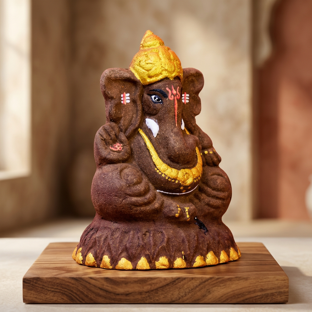 OMSAI Gomai Eco Friendly Ganpati Statue 9 Inch Handcrafted Biodegradable Traditional Festival Idol Pack of 1