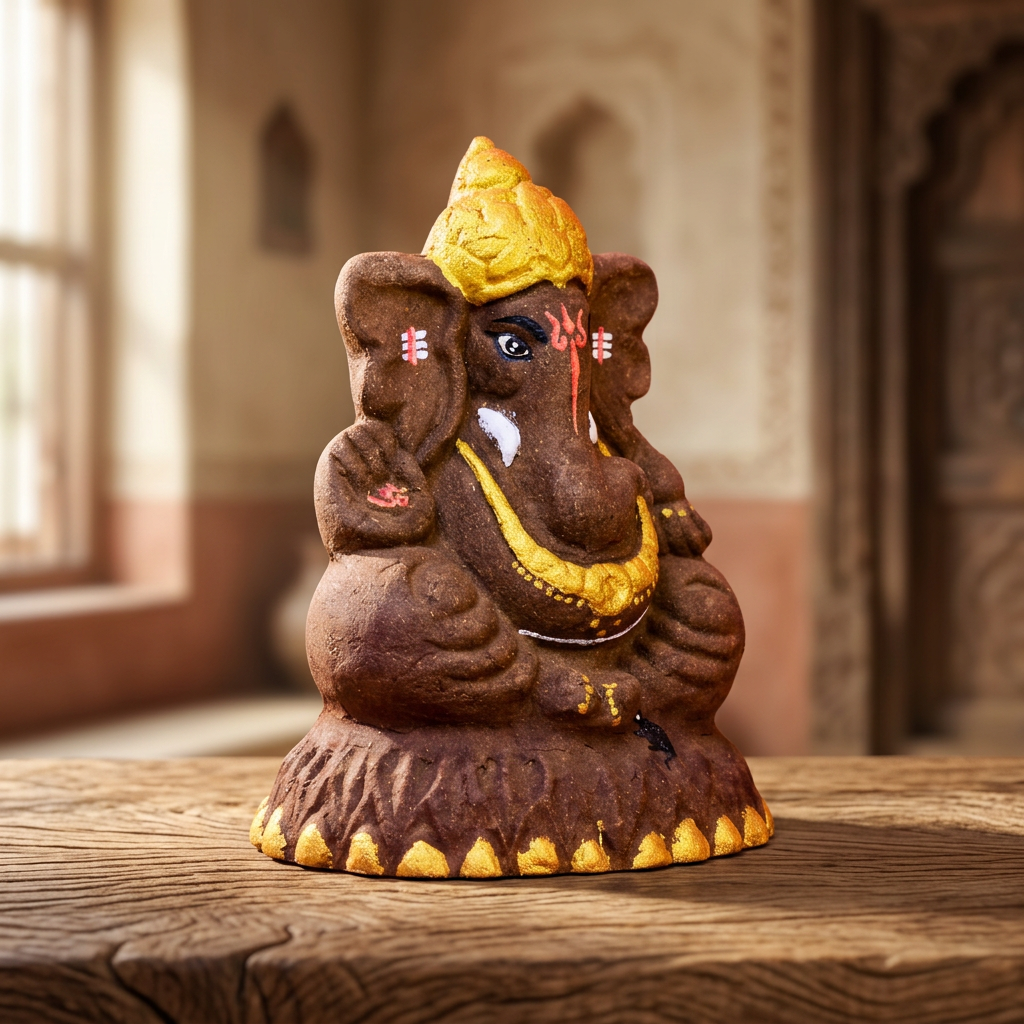 OMSAI Gomai Eco Friendly Ganpati Statue 12 Inch Handcrafted Biodegradable Traditional Festival Idol Pack of 1